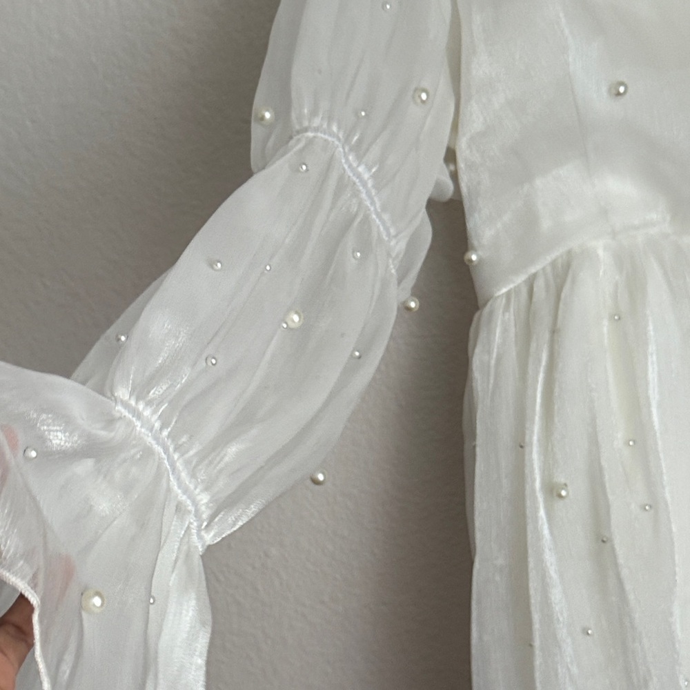 Showpo bachelorette party bridal White Sheer solanna mini Dress Pearl Accents - Picture 7 of 11